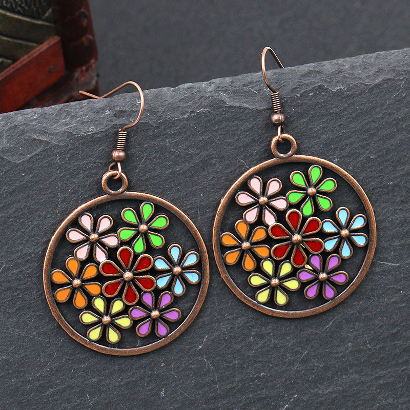 Wholesale hollow alloy retro color  diamond flower  earrings