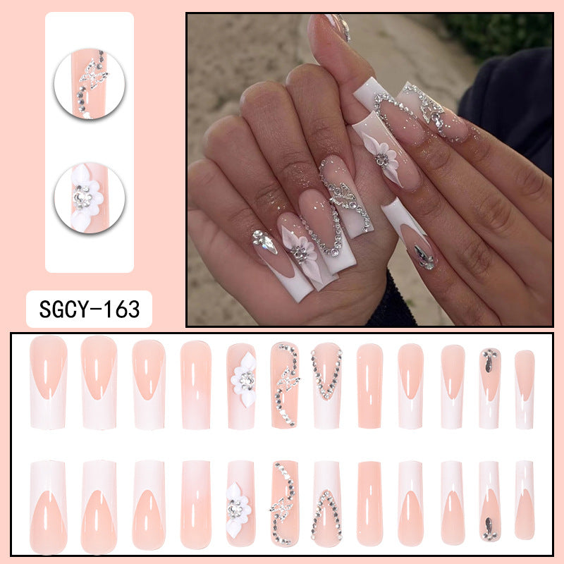 Wholesale 24 Pieces/box Pink and White Flower Diamond Chain Press-on Nails Kits Nail Stickers ACC-NS-Shangh003