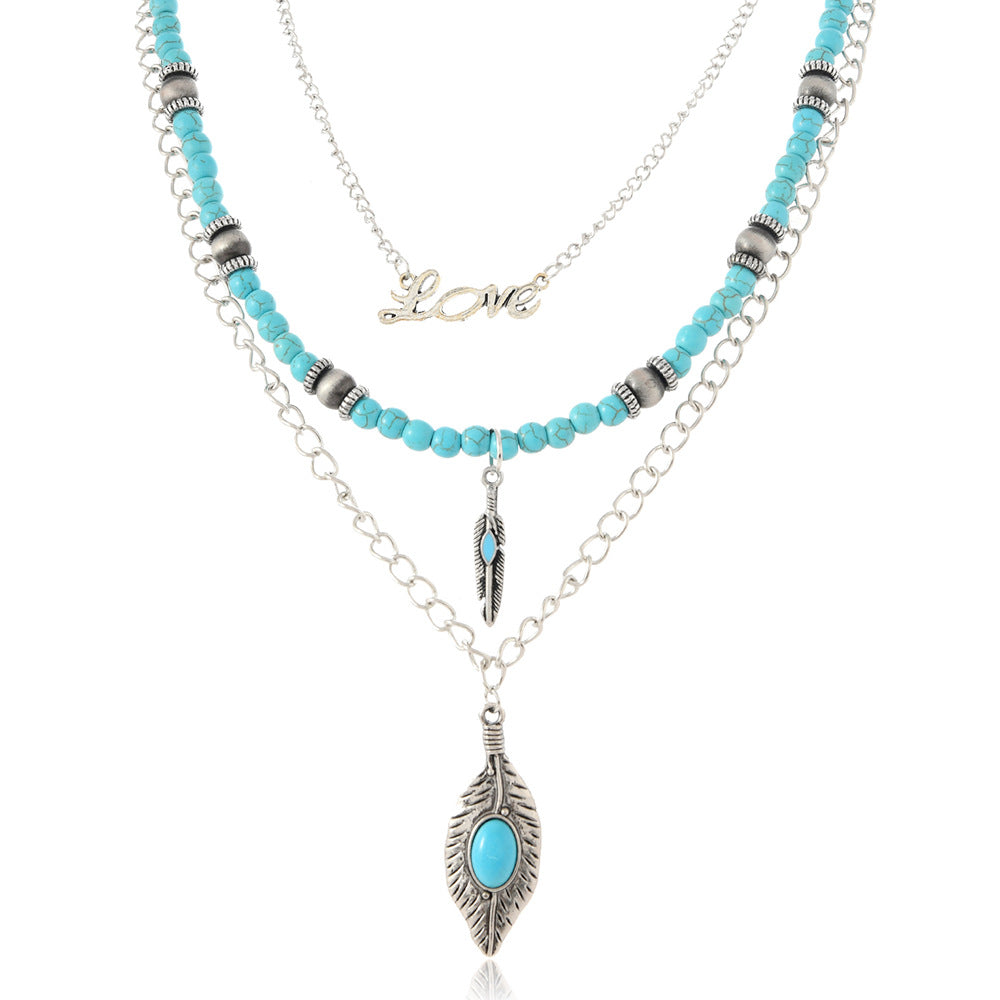 Wholesale Vintage Turquoise Beaded Layered Necklace Women Bohemian Multi Strand Pendant Jewelry Gift