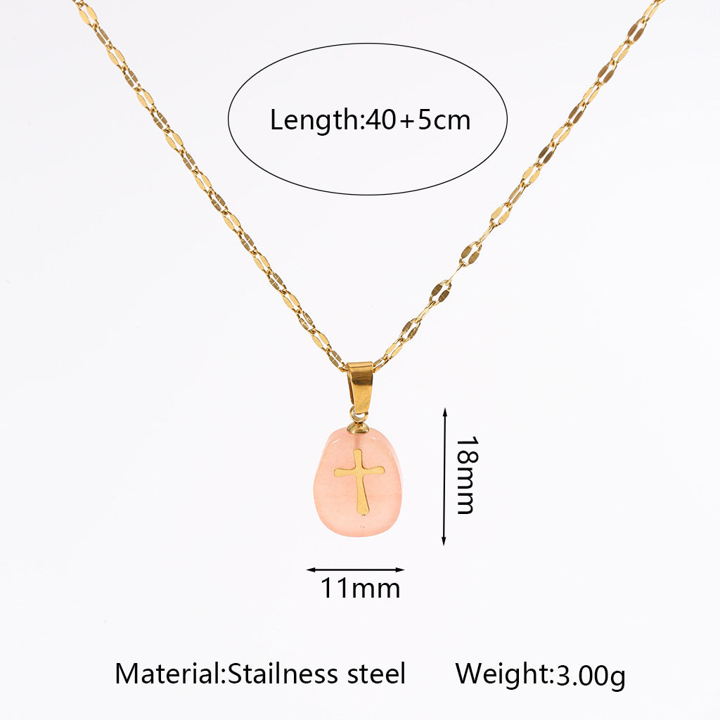 Wholesale Light Luxury Cross Pendant Necklace with Natural Stone,  Stainless Steel Handmade Chain,  Fashion Jewelry Accessory
