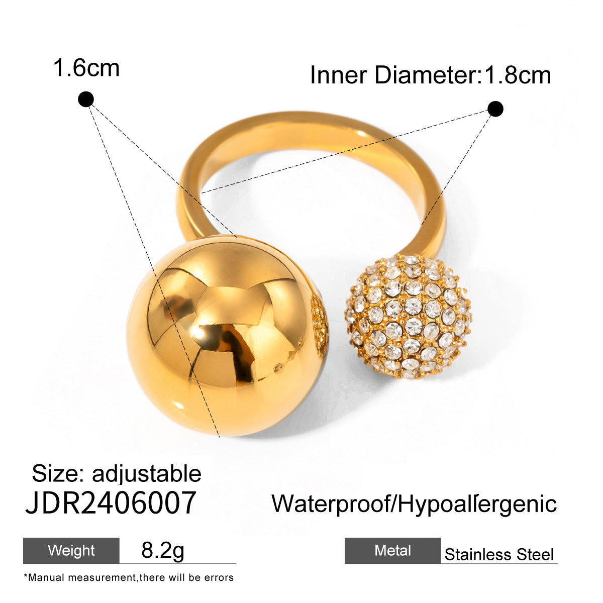 Wholesale 18k gold stainless steel asymmetric steel ball diamond opening ring