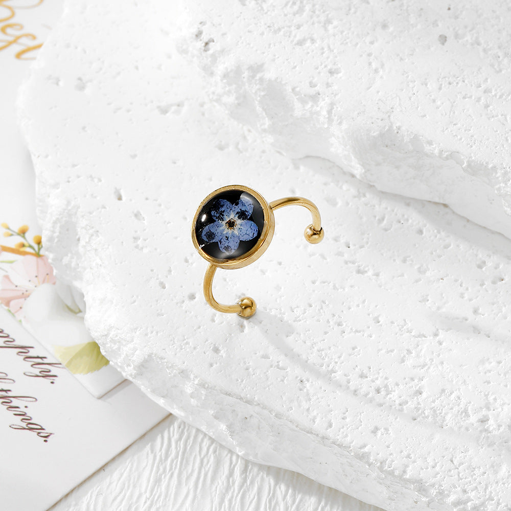 Wholesale Trendy Stainless Steel Adjustable Ring With Real Dried Flowers White And Purple On Black Women S Jewelry Accessory Boutique Resale