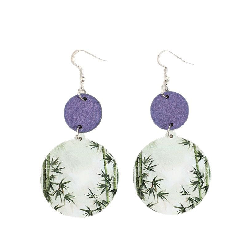 Wholesale Round Printed Bamboo Blue Wood Chip Acrylic Earrings