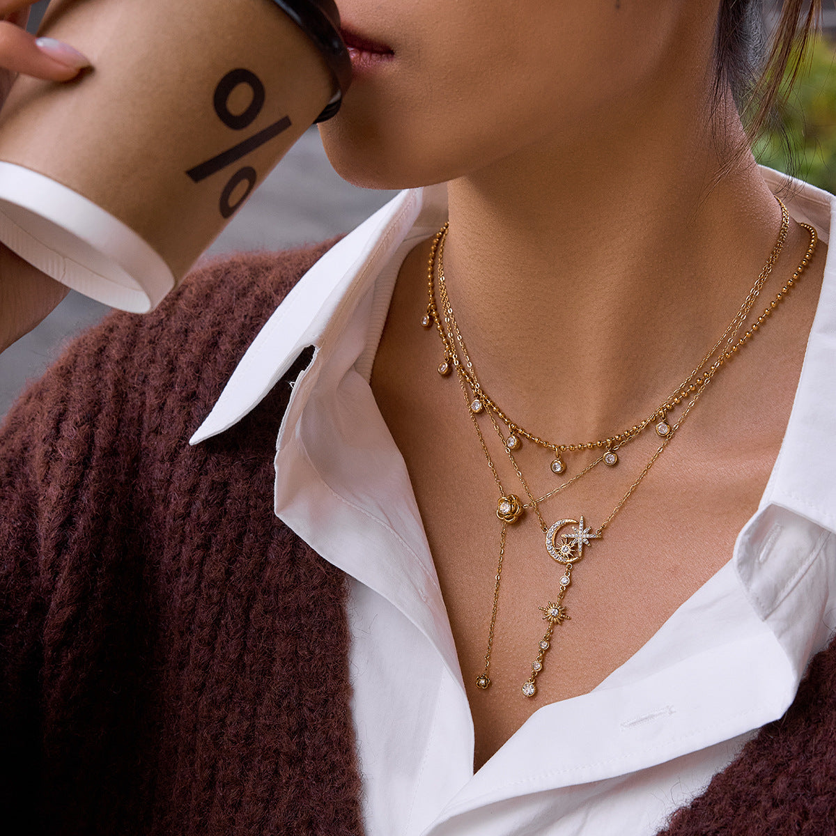 Wholesale Stainless Steel Star and Moon Flower Zirconia Necklace