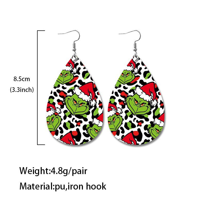 Wholesale  Christmas Earrings Santa Elk Green Printing Leather Earrings