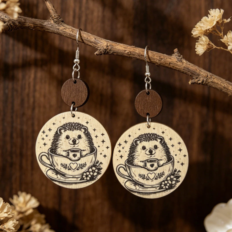 Wholesale Wooden Retro Earrings,  Hedgehog Star Print,  Fashion Accessory for Everyday Wear