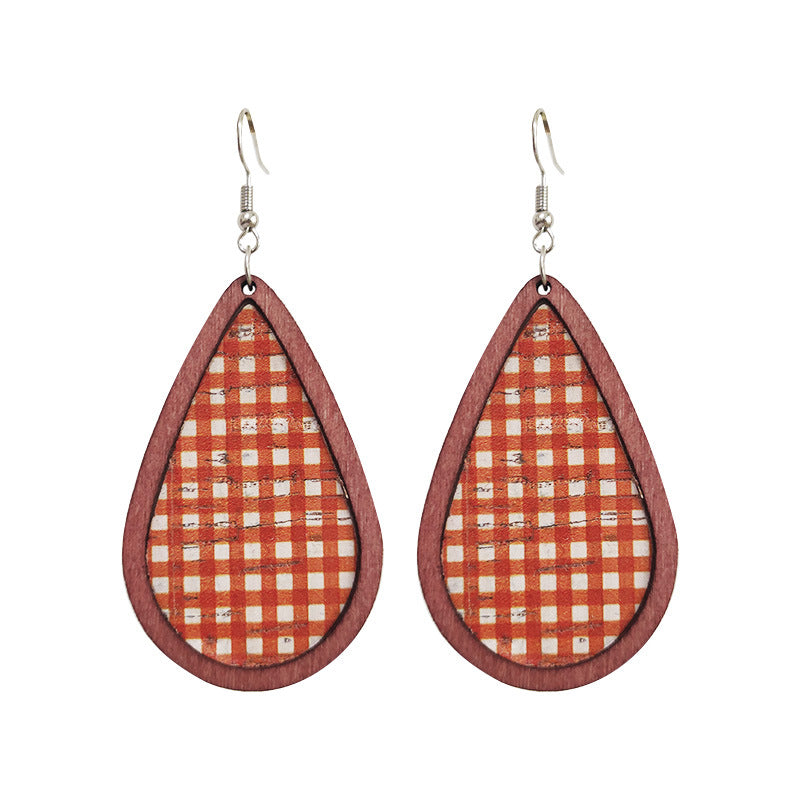 Wholesale 2PCS Wooden Leather Plaid Striped Earrings