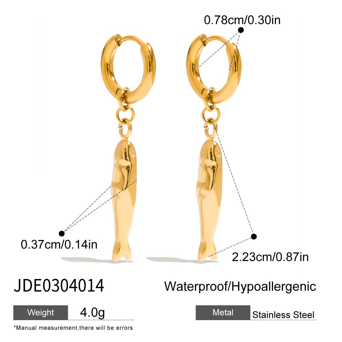 Wholesale 18k gold stainless steel hammered fish large earrings