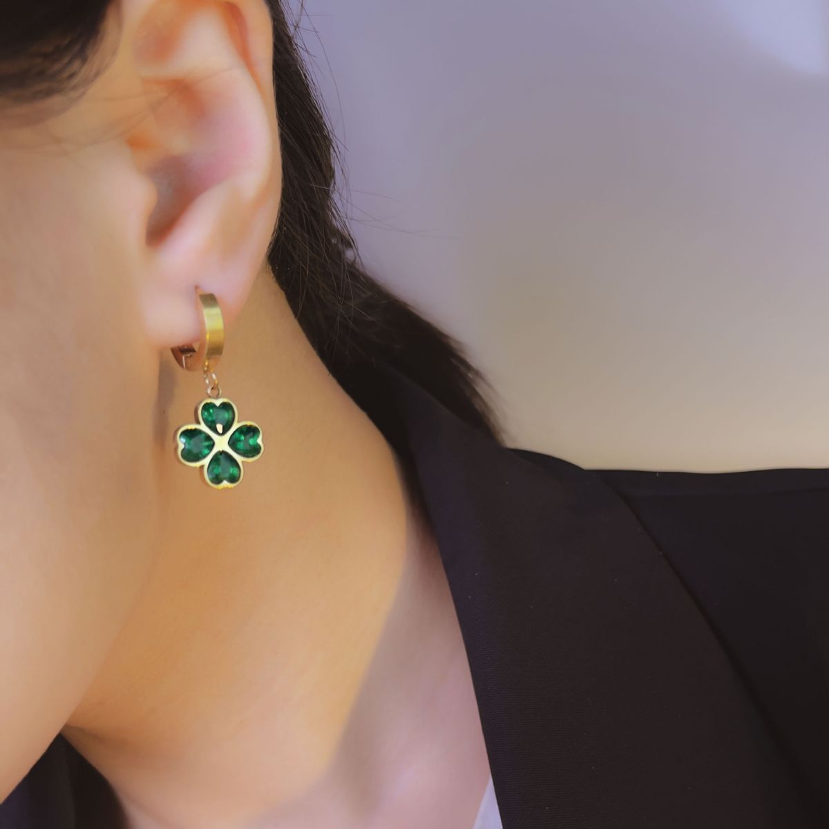 Wholesale Vintage Emerald Diamond Love Flower Earrings Four-leaf Clover Titanium Steel Earrings ACC-ES-BTB001