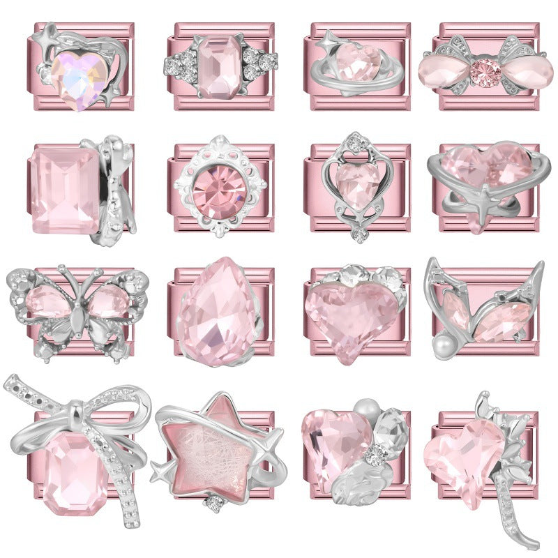 Wholesale Little Fresh Modular Bracelet with Pink Zircon Charms Stainless Steel Jewelry Accessory for Boutique Resale
