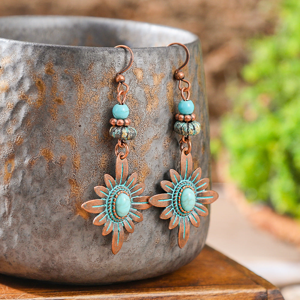 Wholesale Retro Ethnic Earrings Set Alloy Geometric Turquoise Tassel Trendy Party Accessory Gift