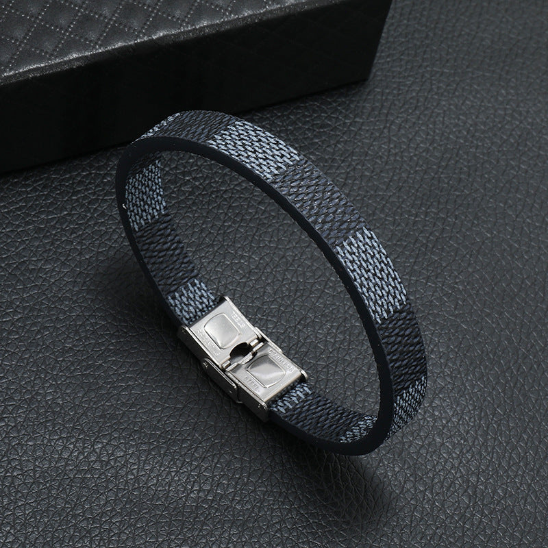Wholesale Simple Striped Stainless Steel Leather Bracelet for Men