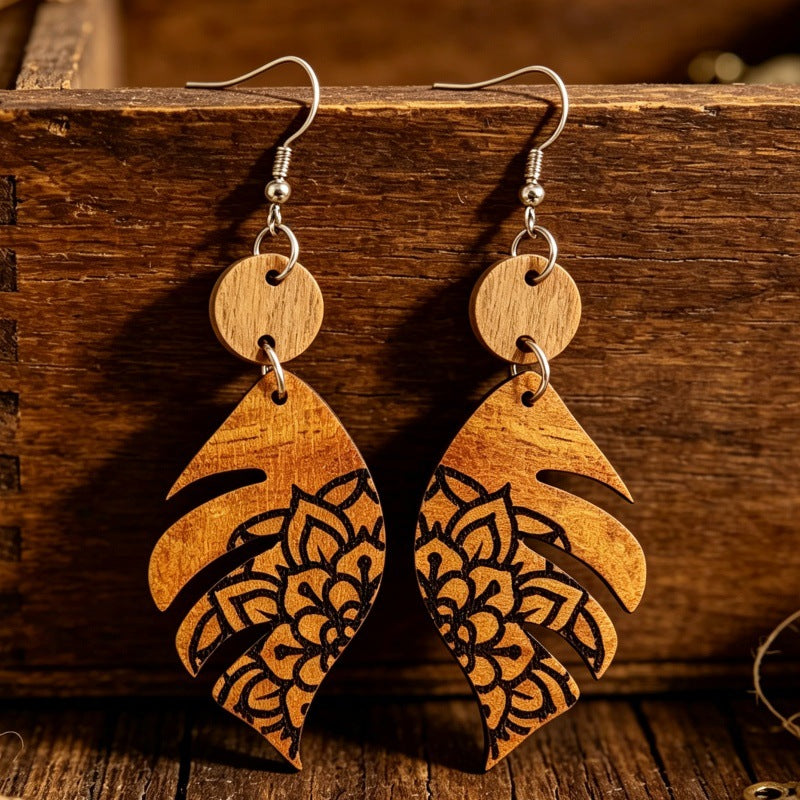 Wholesale Bohemian Wooden Earrings With Monstera Leaf Print Chic Jewelry Accessory For Party Wear And Boutique Resale