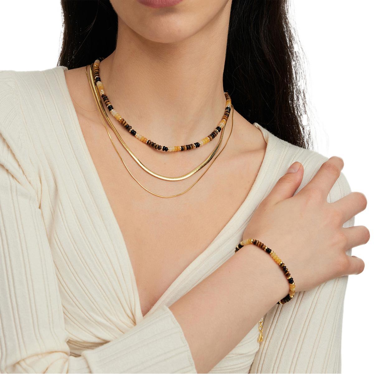 Wholesale Titanium Steel Natural Stone Tiger Eye Agate Lucky Beaded Necklace