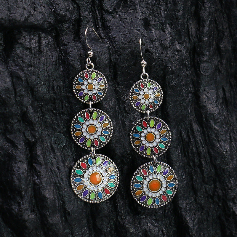 Wholesale hollow alloy retro color  diamond flower  earrings