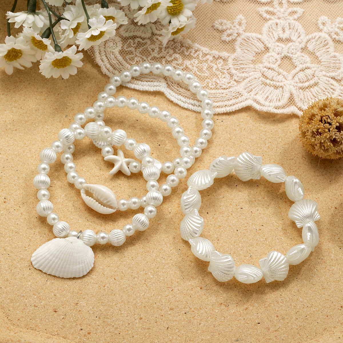 Wholesale Bohemian  Shell  Pearl Turquoise Starfish Beaded Elastic  Bracelet