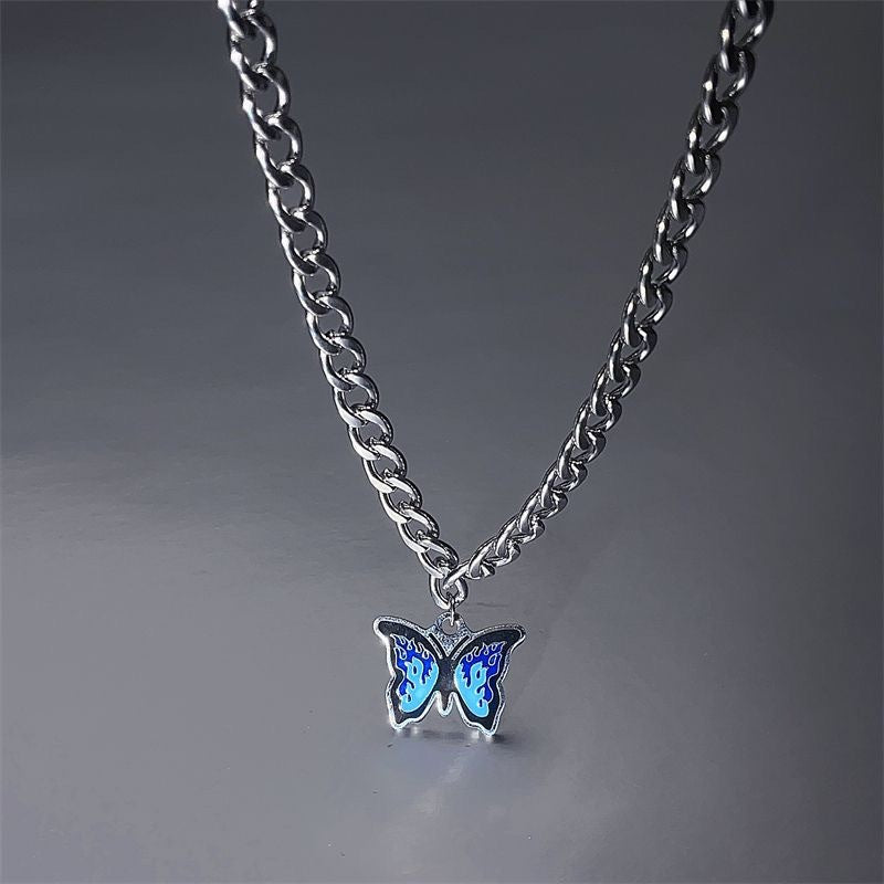 Wholesale Titanium Steel Blue Flame Butterfly Pendant Necklace Fashion Jewelry Accessory for Women