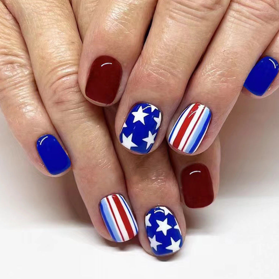 Wholesale 24 Pieces/box American Independence Day Short Glossy Five-pointed Star Manicure Press-on Nails Kits Nail Stickers ACC-NS-GuaiXL015