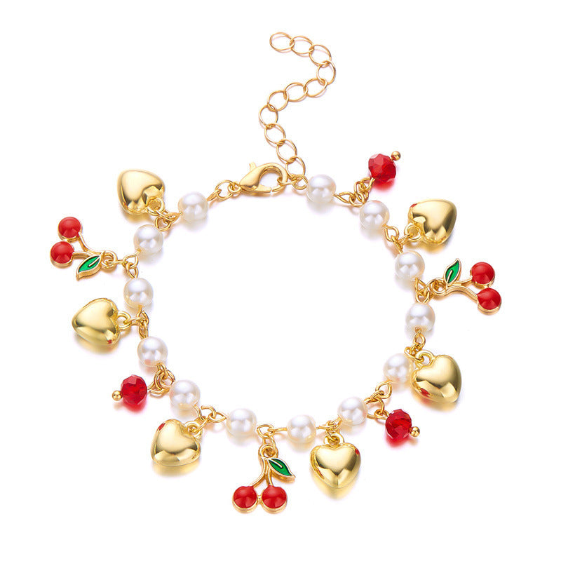 Wholesale Trendy Sweet Pearl Bracelet With Crystal Cherry Strawberry And Heart Charms Adjustable Fashion Jewelry Accessory For Women Boutique Resale And Gift