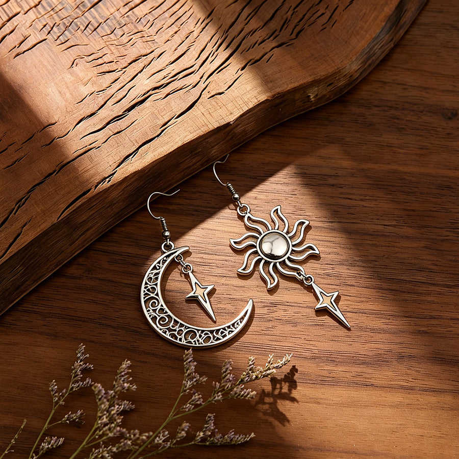Wholesale Antique Silver Zinc Alloy Moon Sun Cross Star Pendant Earrings Vintage Retro Design Party Jewelry Accessory Gift For Women