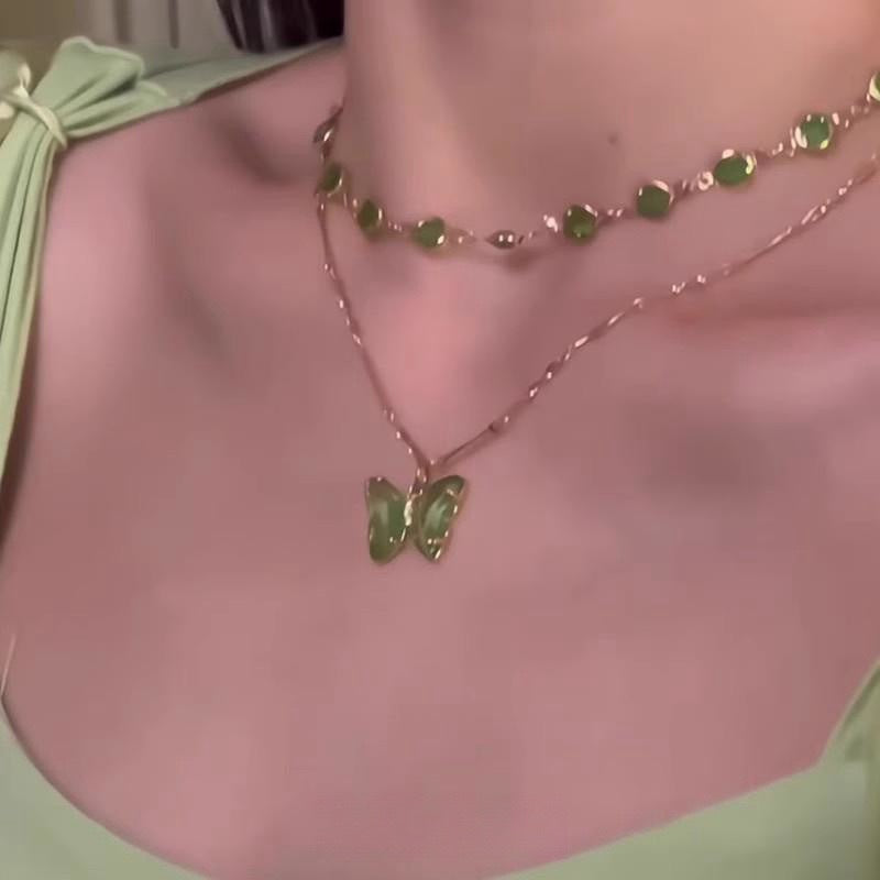 Wholesale Forest-style Green Double-layered Butterfly Choker Necklace