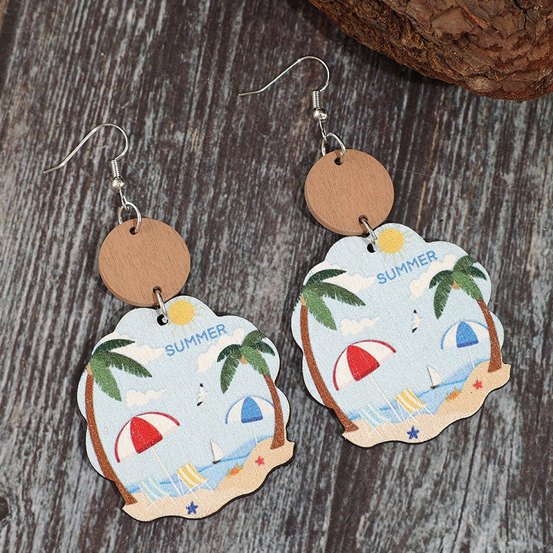 Wholesale Wooden Earrings for Women,  nut Tree Pattern Beach Summer Style Fashion Accessory