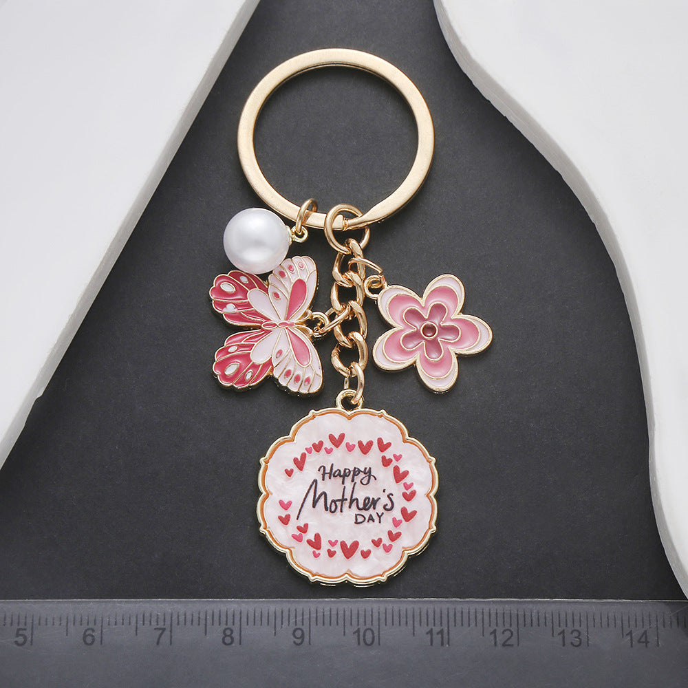 Wholesale Oil Dropping Pink Butterfly Flowers Pearl HAPPYMOTHER' SDAY Keychain Jewelry Pendant