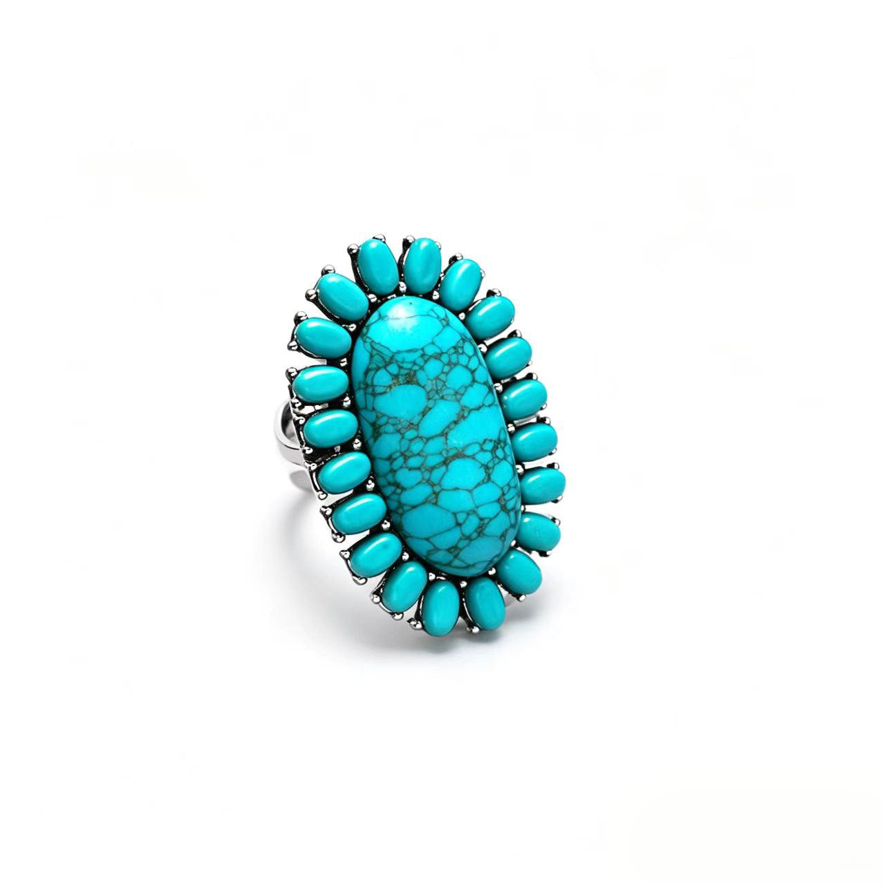 Wholesale Retro Bohemian Silver Flower Imitation Turquoise Ring - Fashion Accessory for Boutique Resale