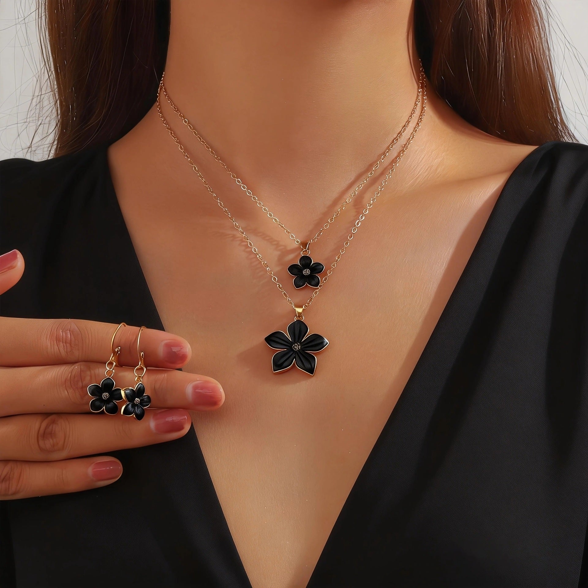 Wholesale Trendy Red Flower Rhinestone Necklace and Earrings Set,  Metal Electroplated Multi-Layer Chain,  Boutique Resale