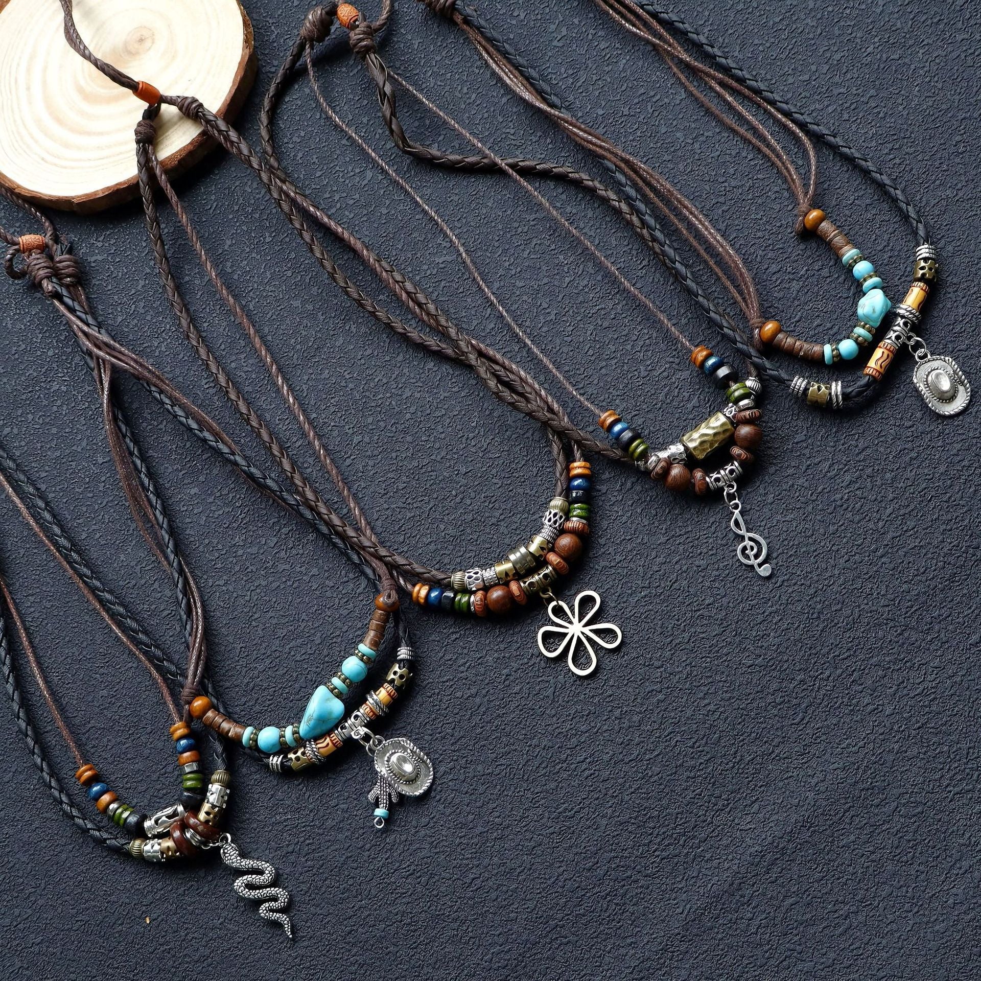 Wholesale Handmade Leather Layered Wood Bead Necklace With Turquoise Pendant Vintage Retro Unisex Fashion Jewelry Gift