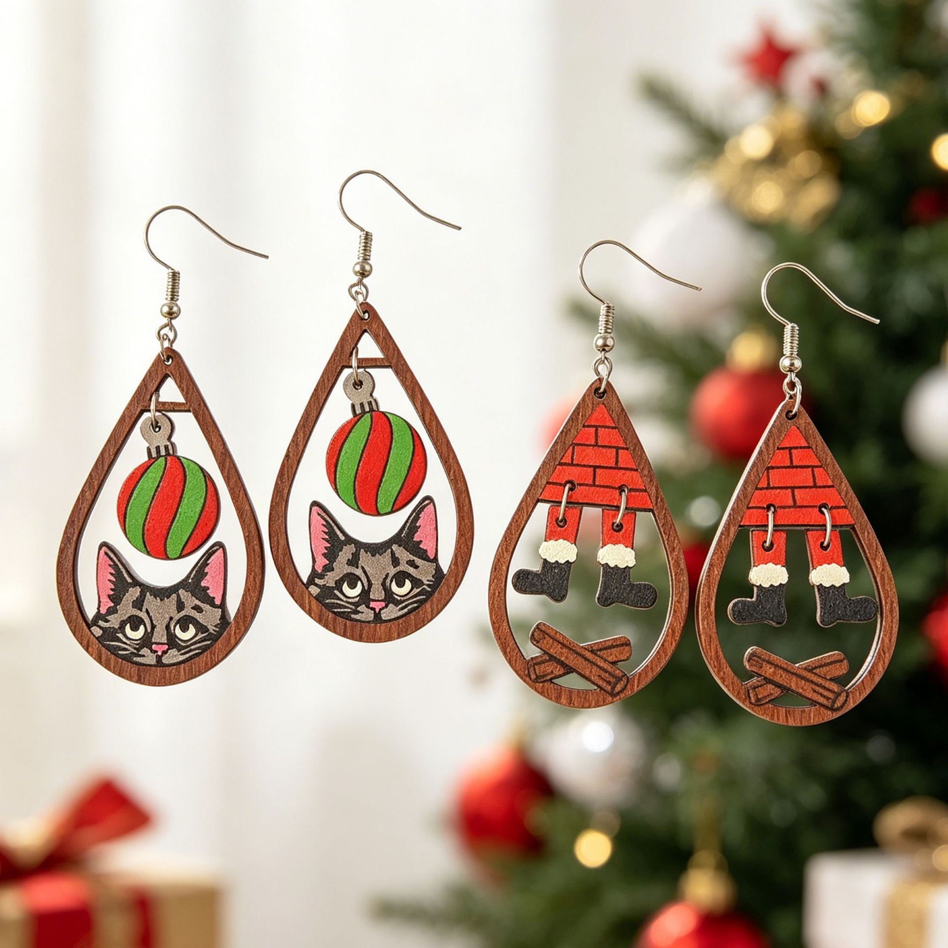 Wholesale Wooden  Water Drop Earrings For Women Christmas Holiday Pendant Charm Fashion Accessory
