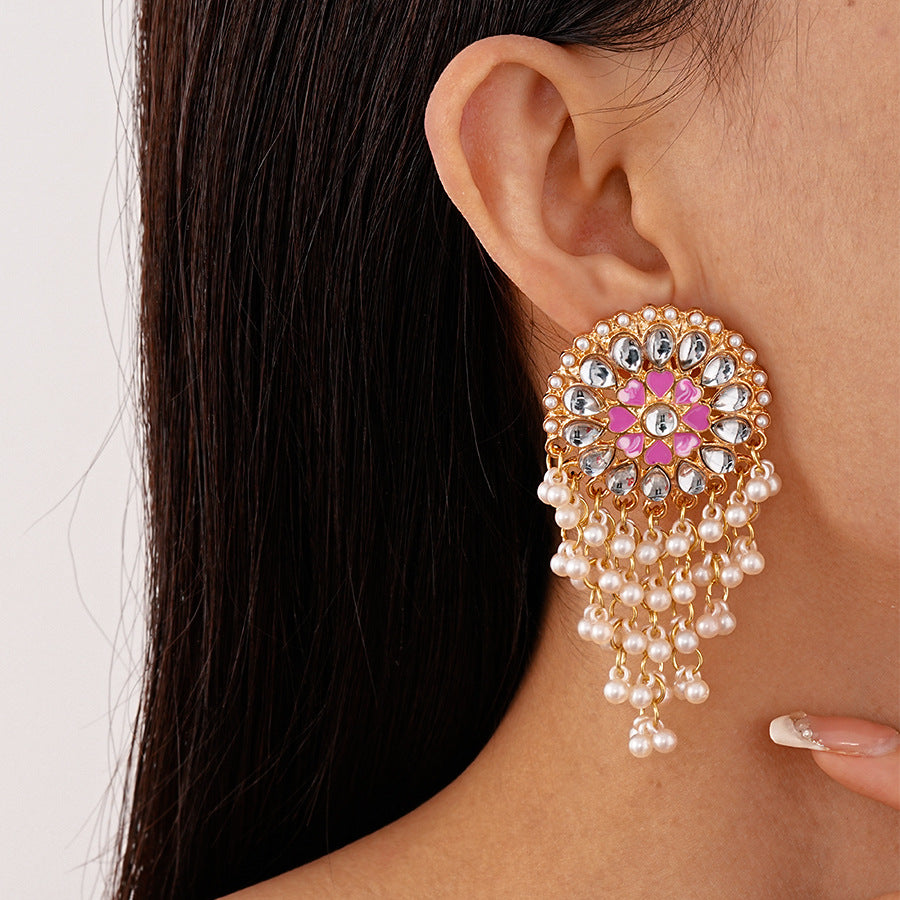 Wholesale Exaggerated Acrylic Round Pearl Tassel Silver Pin Earrings