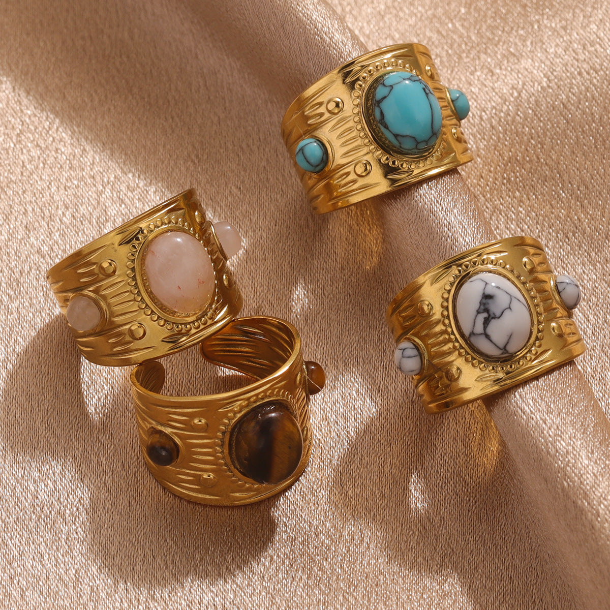 Wholesale Stainless Steel Natural Stone Ring for Women,  Geometric Design with Tiger Eye,  Trendy Jewelry Accessory for Everyday Wear