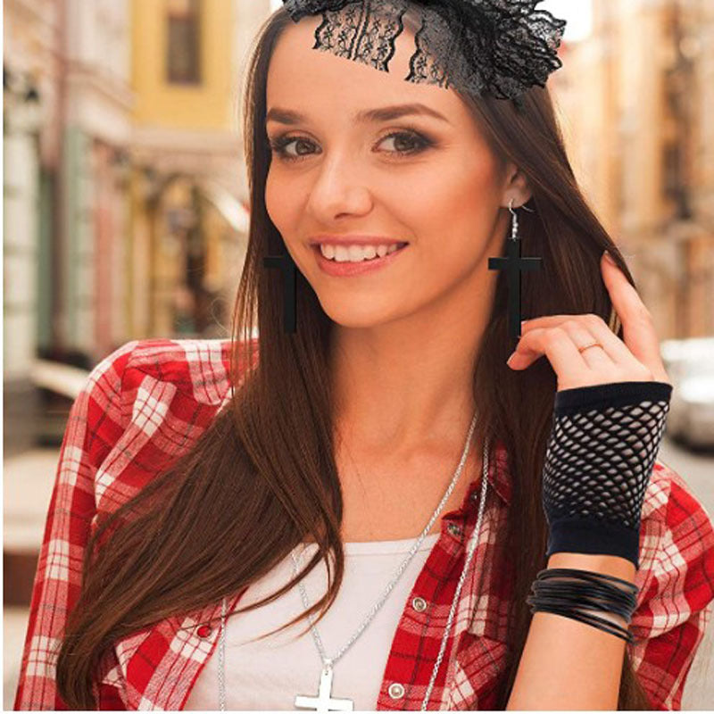 Wholesale   Cross Double Layer Necklace Vintage Black Cross Earrings Set