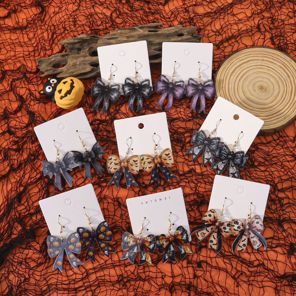 Wholesale Halloween Gothic Acrylic Evil Pumpkin Bow Earrings