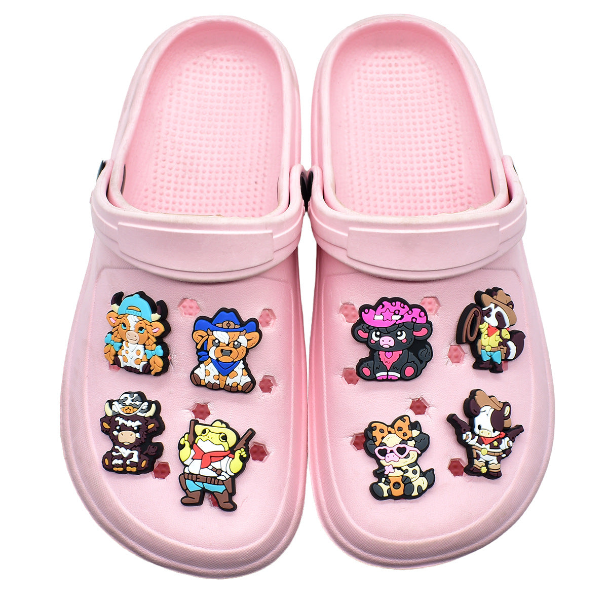 Wholesale  Random 100pcs Creative Cartoon Highland Cow Denim Series PVC Soft Rubber Shoe Buckle Decoration