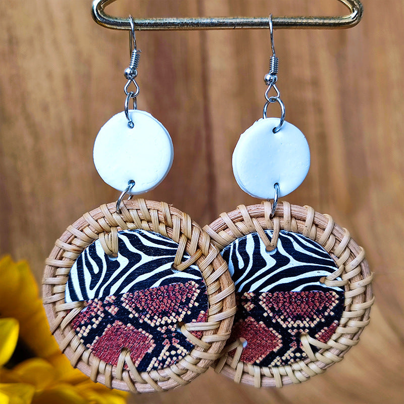 Wholesale 3 Pairs/Pack Polymer Clay Rattan Copper Woven Leopard Zebra Print Earrings ACC-ES-HY100