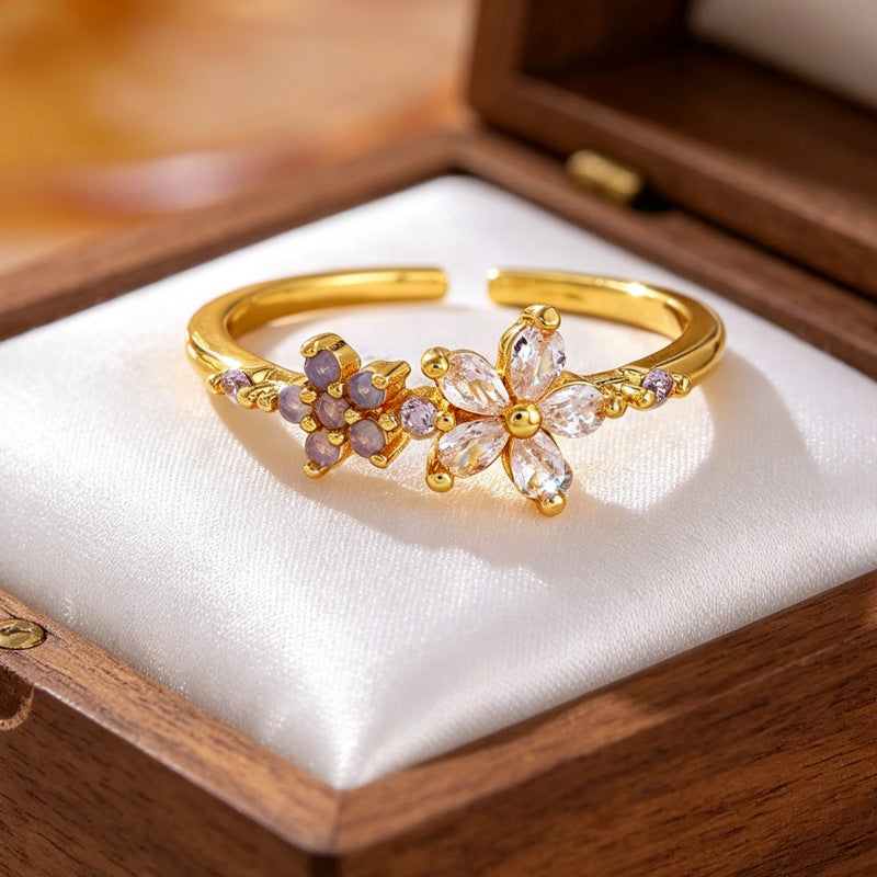 Wholesale Copper Open Flower Ring with Zircon for Women Everyday Wear Fashion Accessory