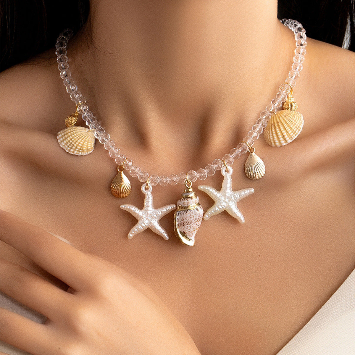 Wholesale Summer Ocean  Shell Necklace  Transparent Beaded Beach  Necklace