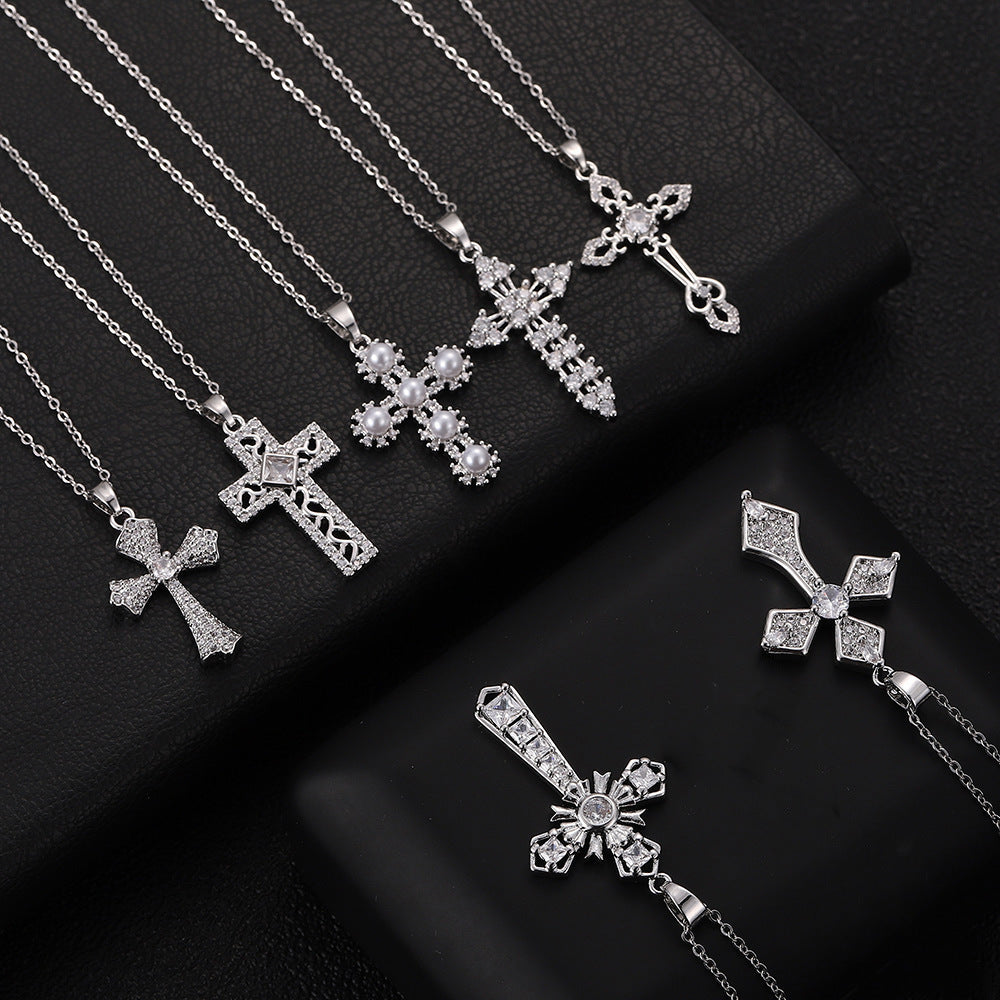 Wholesale Stylish Cross Pendant Necklace For Women Gold Plated Copper With Zircon Fashion Accessory Gift