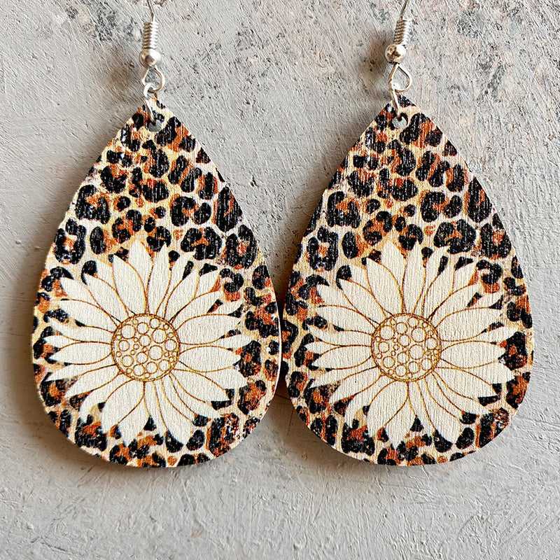 Wholesale 2 Pairs/pack Leopard Print Sunflower Drop Shaped Wooden Earrings ACC-ES-HY024