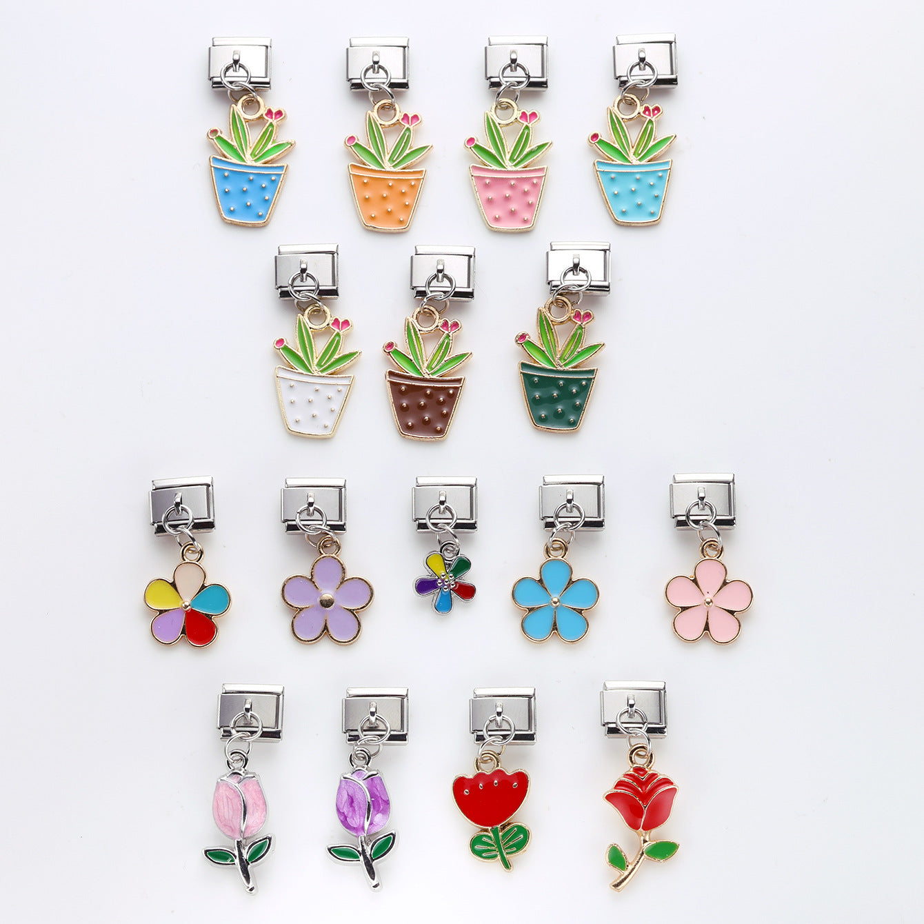 Wholesale 10pcs Italian Charm Bracelet 9mm DIY Splicing Potted Flower Pendant Stainless Steel Composable Bracelet