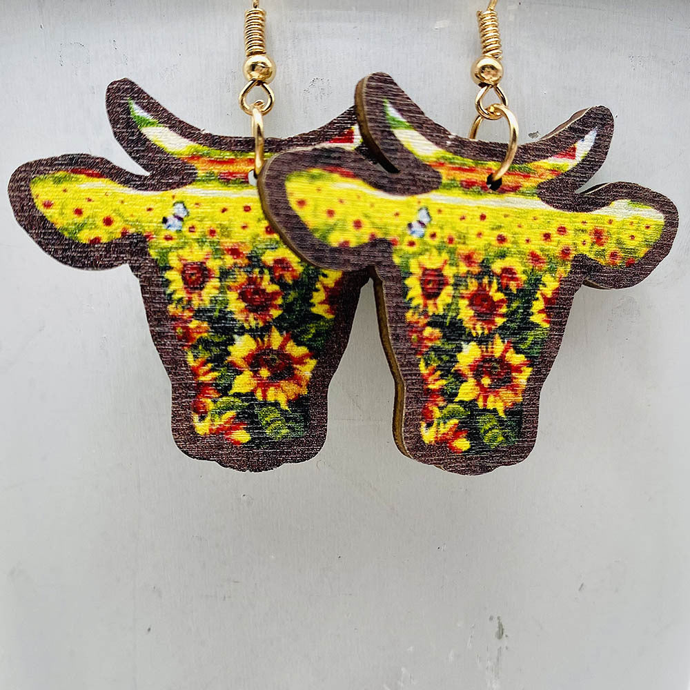 Wholesale Vintage Wooden Western Bullhead Sunflower Bohemian Earrings