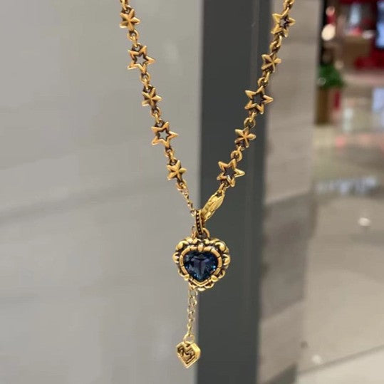 Wholesale Blue Diamond Heart Black Gold Necklace