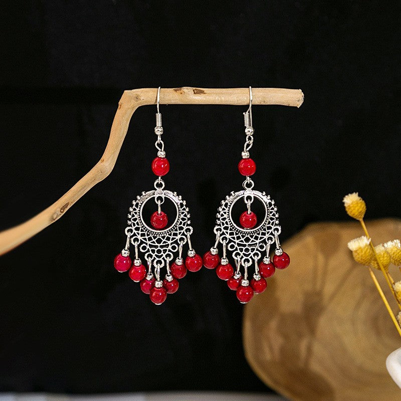 Wholesale Alloy Drop Earrings,  Red Tassel Bohemian Style,  Boutique Resale Jewelry Accessory