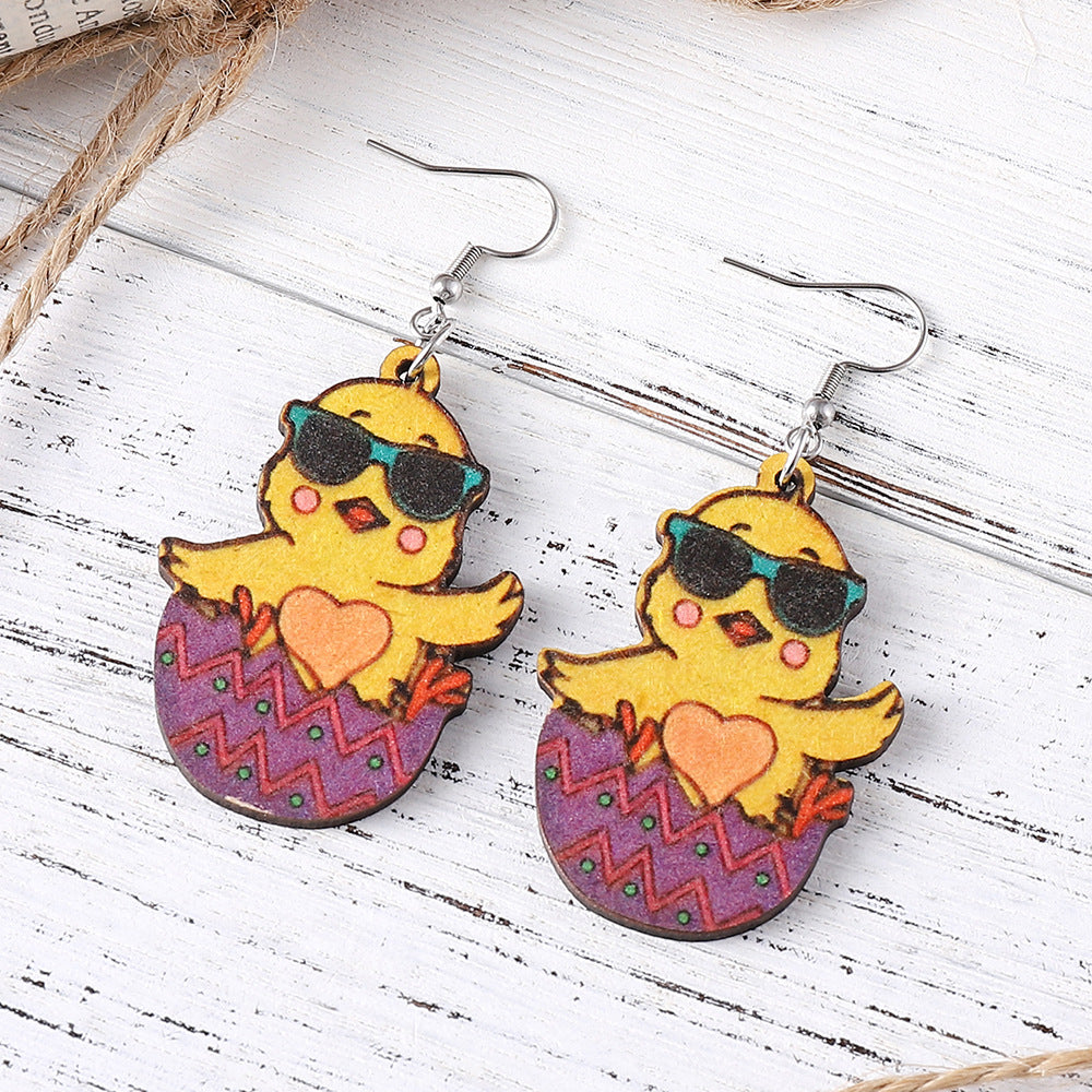 Wholesale Easter Chick with Sunglasses Wooden Earrings