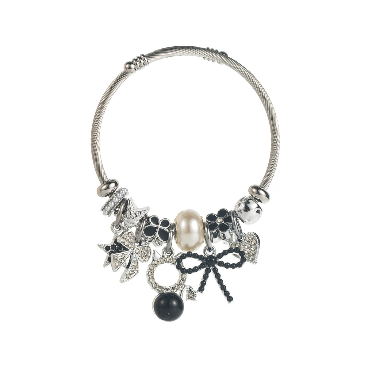 Wholesale Trendy Black Alloy Pearl Rhinestone Bow Star Pendant Charm Bracelet Jewelry Accessory Boutique Resale