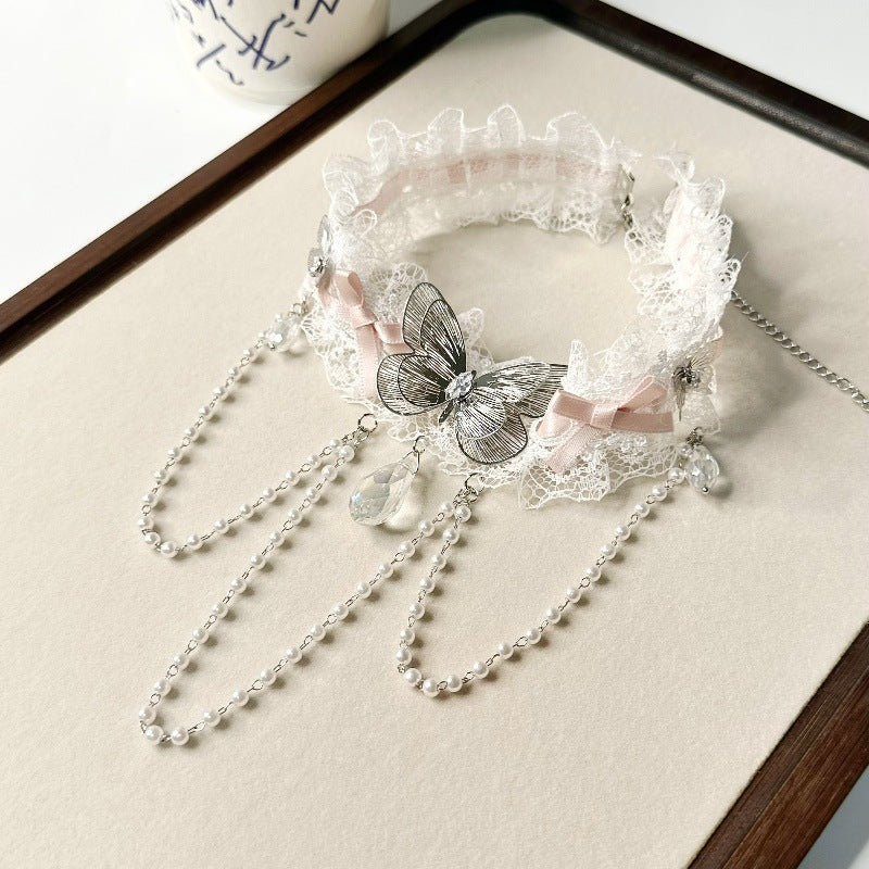 Wholesale  Lace Butterfly Pearl Tassel Bow Necklace