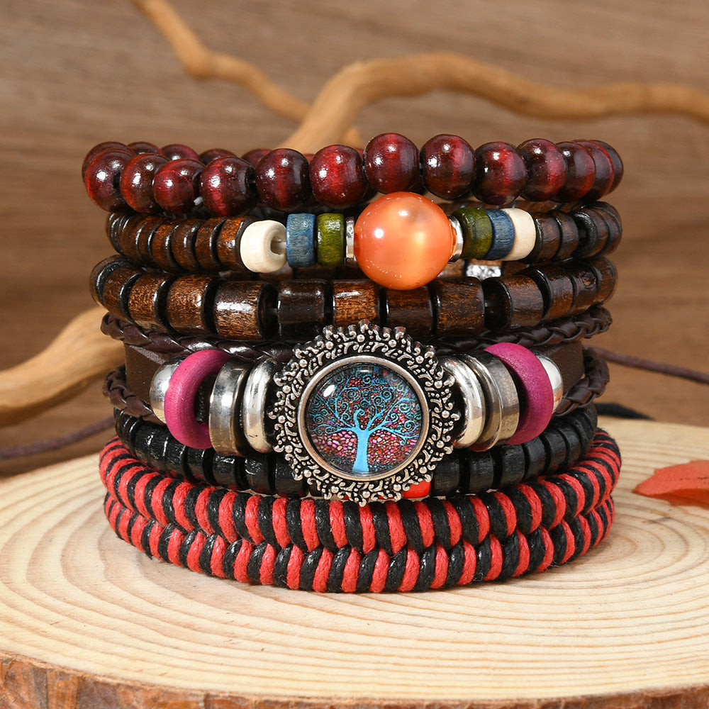 Wholesale  Vintage Leather Hand-woven Beaded Glass Life Tree Decoration  Bracelet
