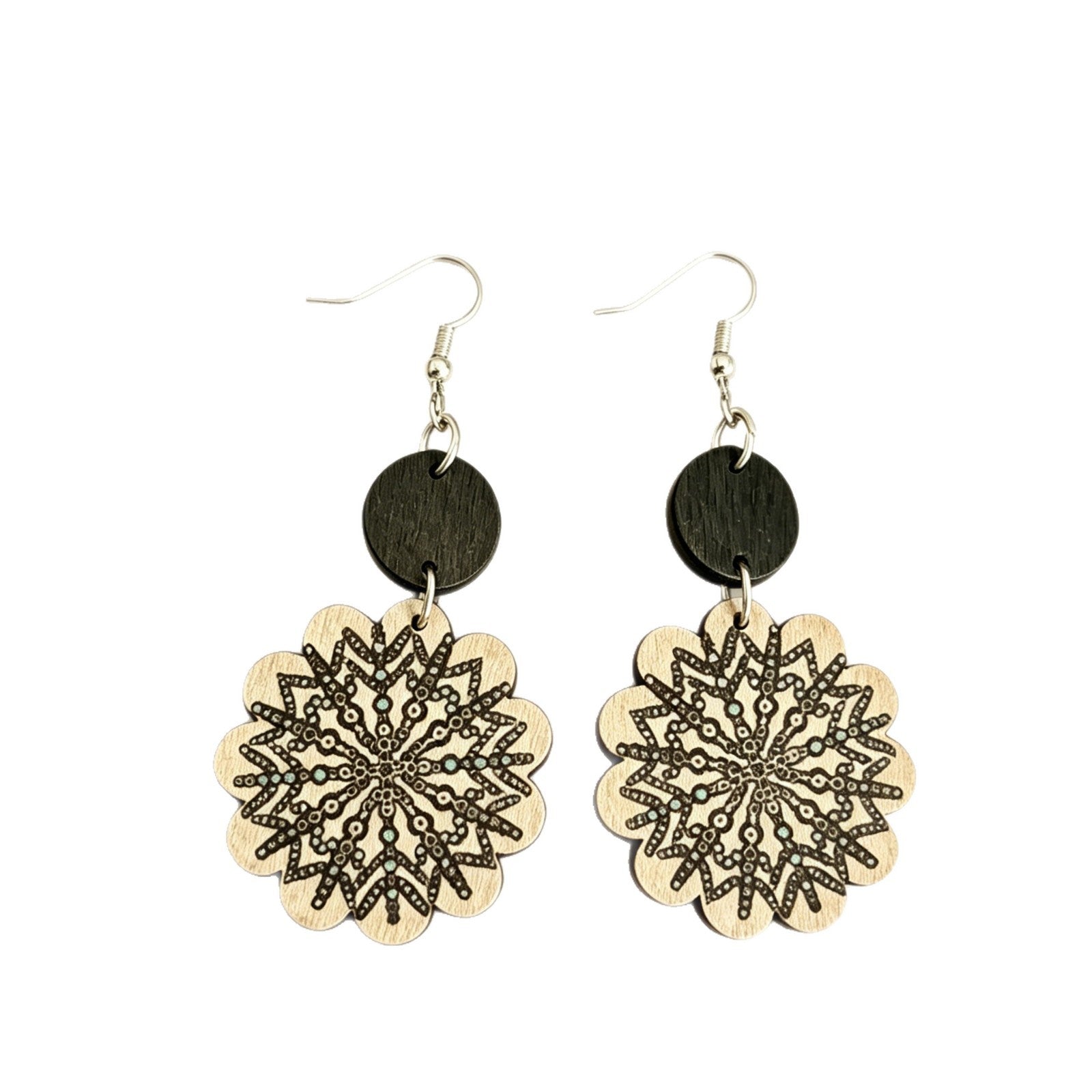 Wholesale Retro Mandala Snowflake Print Black Wood Earrings Boutique Resale Jewelry Accessory